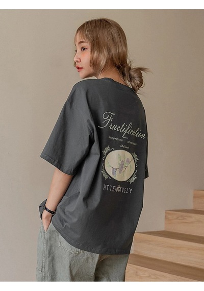 Flood Of Style Kadın Füme Fructification Baskılı Oversize T-shirt Gri