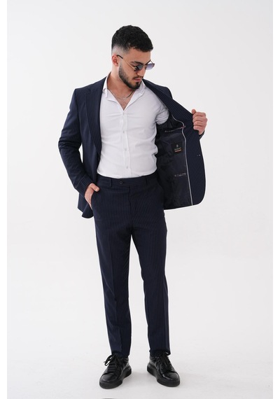 Dupont Classics Dupont Slim Fit Mono Yaka 6 Drop Çift Yırtmaç Çizgili 2'li Takım Elbise Lacivert Dupont Classics Dupont Slim Fit Mono Yaka 6 Drop Çift Yırtmaç Çizgili 2'li Takım Elbise Lacivert