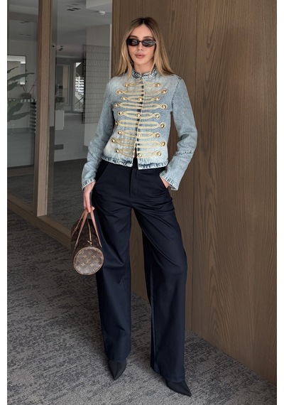 Laluvia Mavi Gold Aksesuarlı Denim Ceket - 1211