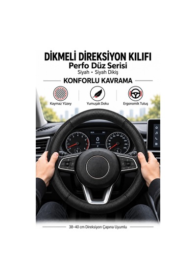 Trobus Audi A6 2019-2025 Uyumlu Dikmeli Direksiyon Kılıfı Perfo Düz Siyah Siyah Dikiş Siyah - Siyah Dikiş