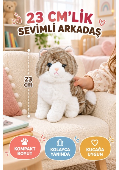 23 Cm Gri Peluş Kedi Oyuncak Yumuşak Sevimli Kedi Figürlü Çocuk Oyuncağı Doğum Günü Hediyesi Seti Çok Renkli