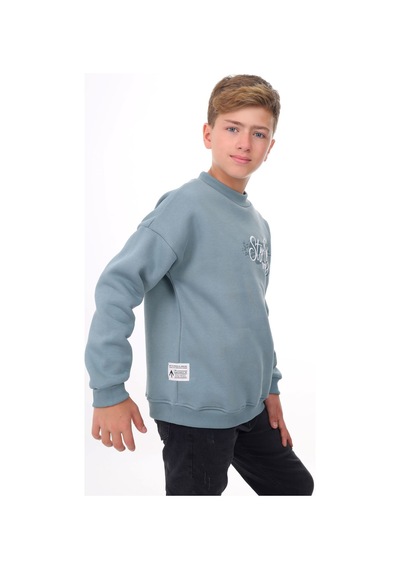 Toontoy Kids Toontoy Erkek Çocuk Oversize Bisiklet Yaka Düşük Omuz Baskılı Sweatshirt - 2 İplik Mavi