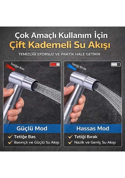Polham Paslanmaz Çelik Spiral Hortumlu Musluk Çoğaltıcı Çift Çıkışlı, Sprey Başlıklı, Banyo Tuvalet Lavabo Temizlik Seti Krom