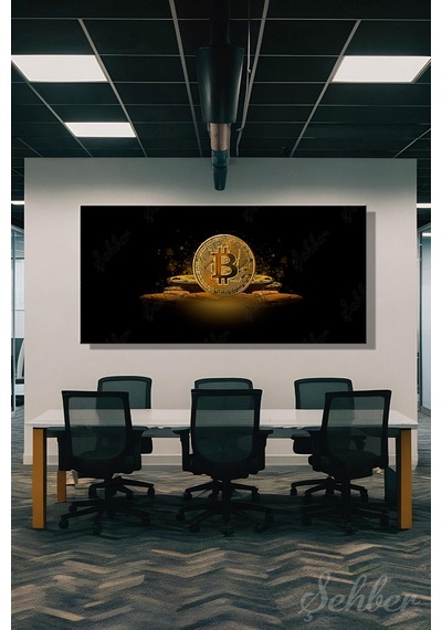 Koyu Fonda Altın Renkli Bitcoin Temalı Dekoratif Bir Yatay Kanvas Tablo 4038 Çok Renkli