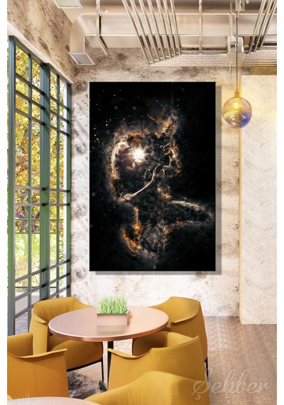 Dikey Kanvas Tablo Tekli Kafe Bar Ofis Alevler İçinde Gitar Çalan Müzisyen Dijital Sanat 2625