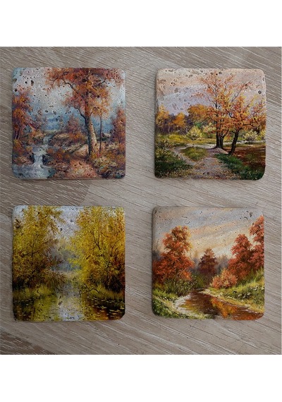 Sonbahar Manzarası Doğal Taş Bardak Altlığı 4'lü Set - Natural Stone Coasters - Taş Çok Renkli