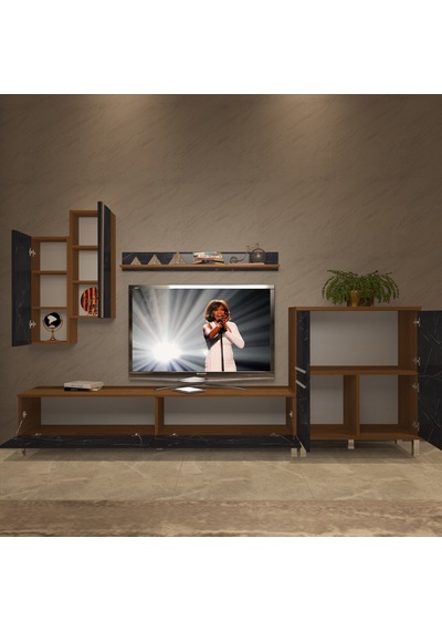 Decoraktiv Eko 6 Mdf Std Krom Ayaklı Tv Ünitesi Tv Sehpası Ceviz - Siyah Mermer