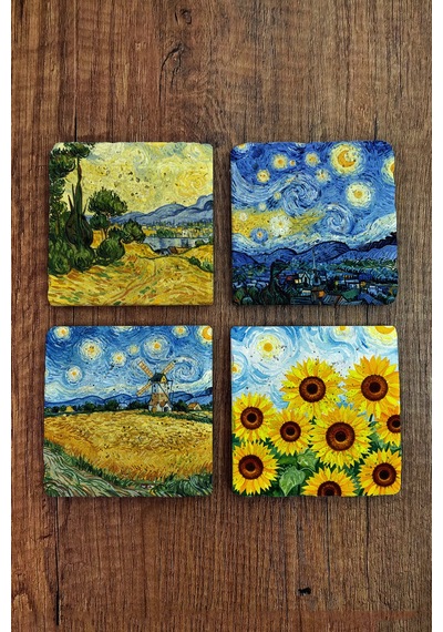 Doğal Taş Bardak Altlığı - Van Gogh Aı Eserleri Baskılı 10x10cm Yapay Zeka Stone Coasters 485 Çok Renkli