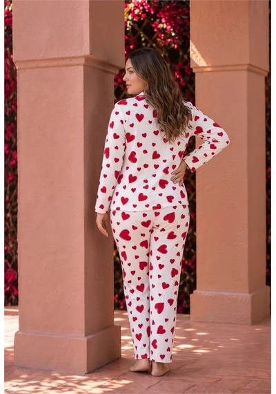 Go İthalat Pamuklu Yumuşak Dokulu Büyük Beden Kırmızı Desenli Biyeli Düğmeli Uzun Kollu Pijama Takımı Beyaz