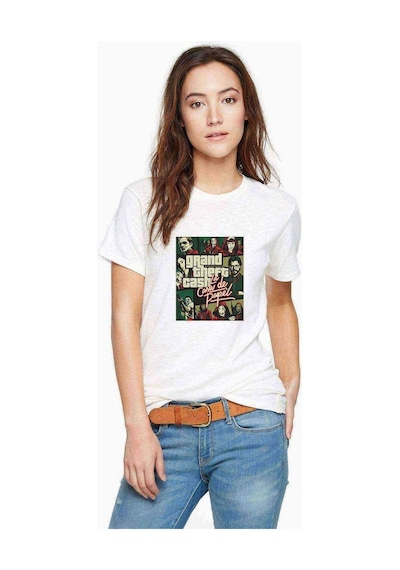 La Case De Papel Grand Theft Baskılı Beyaz Kadın Tshirt
