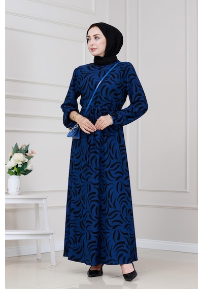 Sevitli Beli Tünelli Karin Elbise-saks Mavi-5329 Saks Mavi