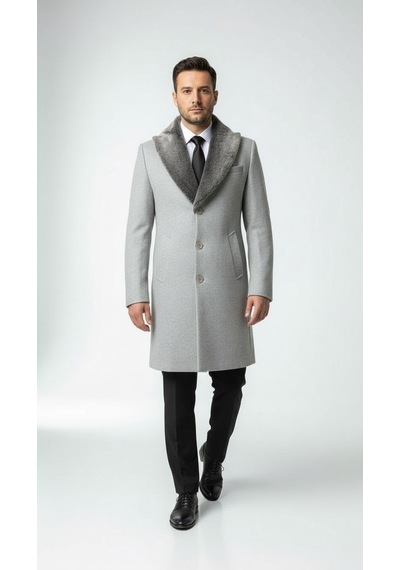 Plus Scorpion Erkek Uzun Kaşe Kaban Çıkartılabilir Kürk Yaka, Astarlı Ve Cepli Slim Fit Mont Bej, Gri, Siyah, Taba Gri