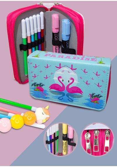 Kalem Kutusu Flamingo Paradise Orginazer Üç Bölmeli Vegan Deri
