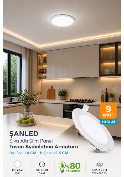 9w Tasarruflu Led Yuvarlak Beyaz Işık Sıva Altı Slim Panel 4 Adettir