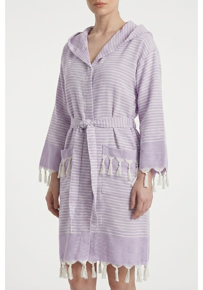 Kapşonlu Unisex Peştemal Plaj Bornozu %100 Pamuklu Seaside Stripe Lila