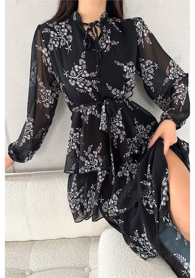 Dip Moda Kadın Yakası Bağlama Detaylı Desenli Şifon Elbise Dpnbk2036 Siyah Dip Moda Kadın Yakası Bağlama Detaylı Desenli Şifon Elbise Dpnbk2036 Siyah
