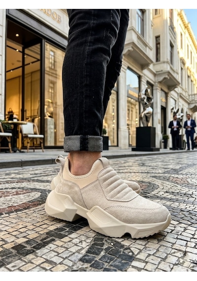 Boa Ba0402 Bağcıksız Rahat Yüksek Taban Krem Süet Erkek Spor Ayakkabı