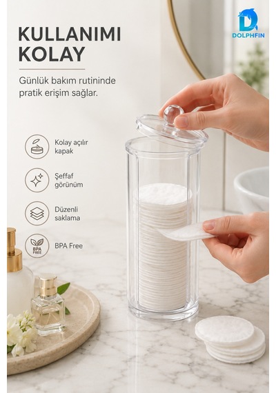 Kapaklı Şeffaf Makyaj Pamukluğu Disk Pamuk Saklama Kutusu 7x7x20 Cm