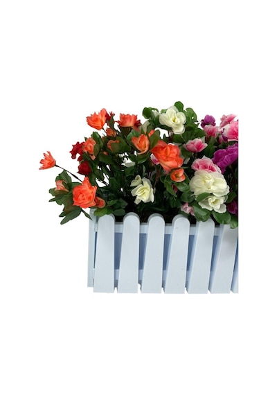 Yapay Çiçek Beyaz Çit Balkon Saksısı Renkli Açelya Çiçekli 55x20C