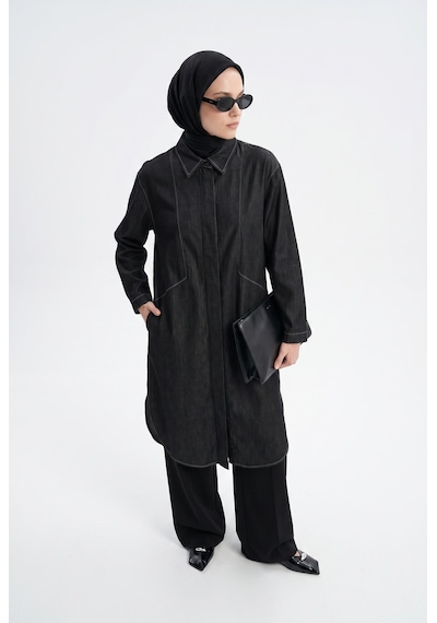 Armine Trend Konstrast Dikiş Detaylı Oval Kesim Tunik Antrasit 26yt442