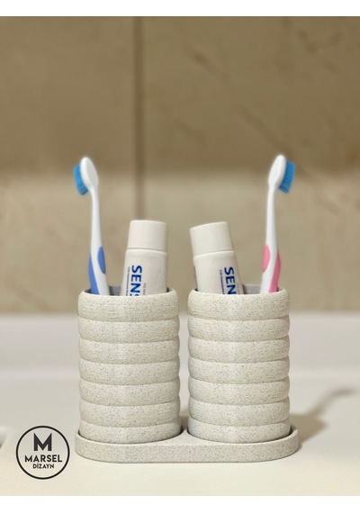 Modern Banyo Düzenleyici V2 - Diş Fırçalık Seti - İkili Set - Mermer Beyaz 10cm Mermer