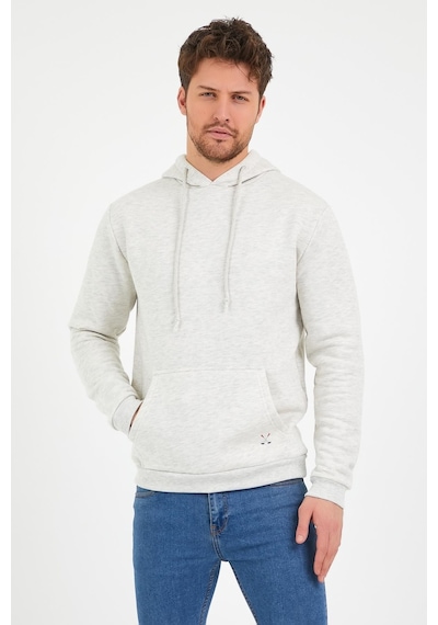 Polostate Erkek Kapüşonlu Kanguru Cep 3 İplik Sweatshirt Kar Melanj