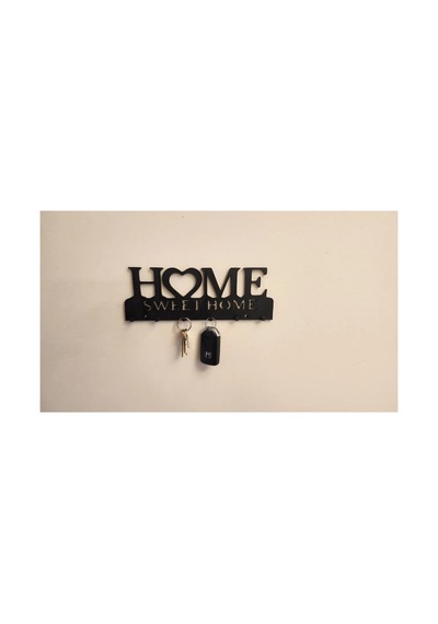 Alvera Home Sweet Home Yazılı Anahtarlık Duvar Askısı Kalpli Anahtar Askısı Siyah