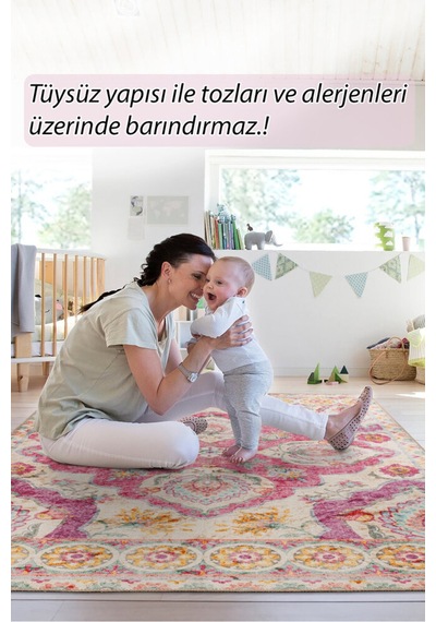 Foldy Vintage Desenli Dokuma Taban Dekoratif Pembe Halı Fl 36