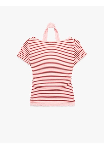 Koton Slim Fit Viskon Karışımlı İkili Kayık Yaka Kısa Kollu Tişört Kırmızı Çizgili 6sal10983ık Koton Slim Fit Viskon Karışımlı İkili Kayık Yaka Kısa Kollu Tişört Kırmızı Çizgili 6sal10983ık