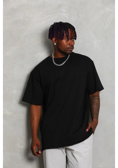 Erkek Düz Yazlık Kısa Kol Tişört Bisiklet Yaka Oversize T-shirt - Siyah