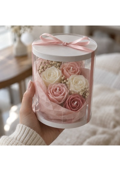 Mini Gül Mum Buketi Şeffaf Kutu 5'li Pembe