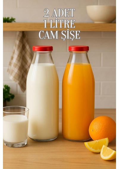 2 Adet 1 Litre Şeffaf Sürahi Süt, Ayran, Su, Limonata, Meşrubat Şişesi Plastik Kapaklı Cam Şişe
