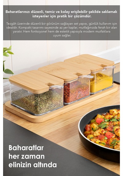 3'lü Kaşıklı Bambu Kapaklı Baharatlık - Tepsili Baharat Saklama Kabı Baharat Takımı 250 Ml Bej