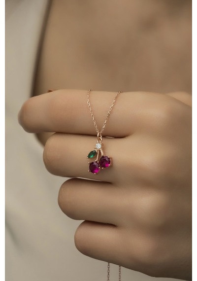Nereze 925 Ayar Gümüş Rose Zirkon Taşlı Kiraz Kolye