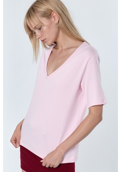 Hiccup Busem V Yaka Düz Regular Fit Pamuk T-shirt Toz Pembe