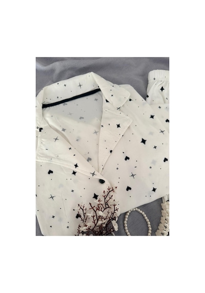 Mh Moony Homewears Kısa Kol Siyah Kalp Özel Dokulu Düğmeli Pijama Takımı Siyah