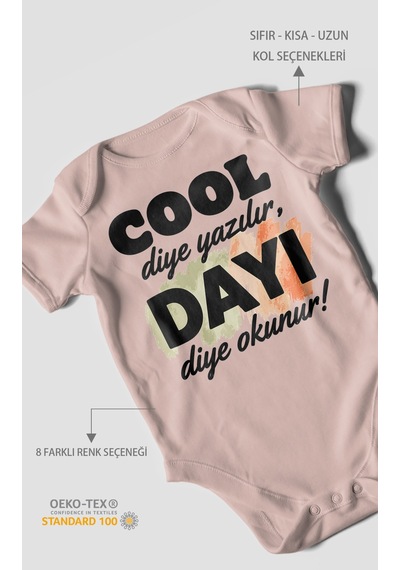 Morivokids Cool Diye Yazılır Dayı Diye Okunur Kısa Kollu Bebek Body %100 Pamuk Pastel Pembe