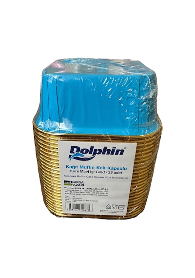 Dolphin Muffin Kare Kağıt Mavi Altın Cupcake Kek Kalıbı Kapsülü Kabı - 25 Adetlik 1 Paket Renkli