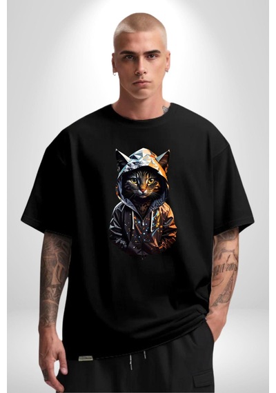 Hip Hop Gençlik Kedi Çeket Pamuklu Bisiklet Yaka Unisex Oversize Boyfriend Dijital Baskılı Siyah T-shirt Siyah