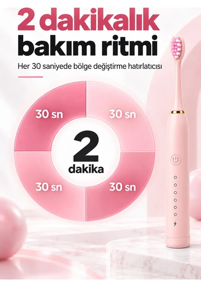 Exenar - Pembe - Şarjlı Elektrikli Diş Fırçası Dupont Yumuşak Kıllı 6 Mod 4 Yedek Başlıklı Ipx7 Su Geçirmez