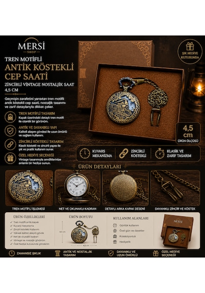 Tren Motifli Antik Köstekli Cep Saati Zincirli Vintage Nostaljik Saat 4,5 Cm