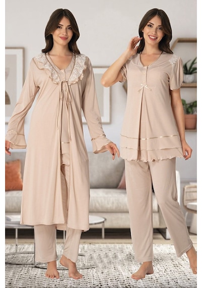 Effort Pijama Kadın Ekru Dantel Sabahlıklı Lohusa Pijama Takımı 8024 Ekru