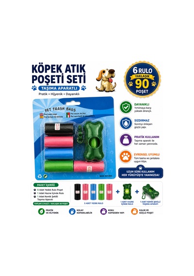 Köpek Dışkı Poşeti 6 Rulo + Taşıma Aparatı Hediyeli 90 Poşet - 6 Rulo