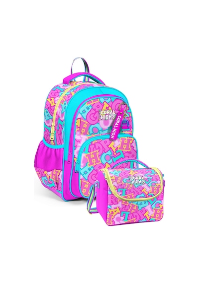 Coral High Kız Çocuk İlkokul Çantası Ve Beslenme Seti - Pembe Su Yeşili Harf Baskılı Setygn33241b