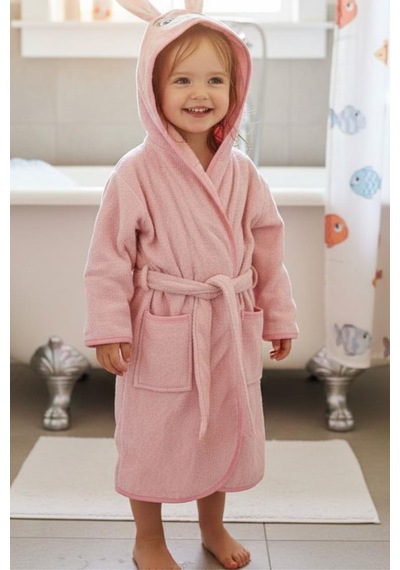 Tavşan Kulaklı Kız Erkek Çocuk Bornozu Lupi Pembe Pembe