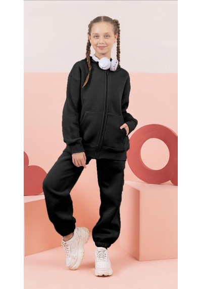Çocuk Şardonlu Kapüşonlu Fermuarlı Sweatshirt Günlük Rahat Hırka-9647 Siyah