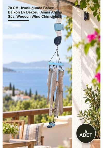 5 Adet Ahşap Rüzgar Çanı 70 Cm Uzunluğunda Bahçe Balkon Ev Dekoru, Asma Ahşap Süs, Wooden Wind Chime No:1