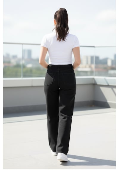 Woddi Nova Kadın Yüksek Bel Siyah Salaş Jeans Wide Leg Geniş Paça Palazzo Kot Pantolon