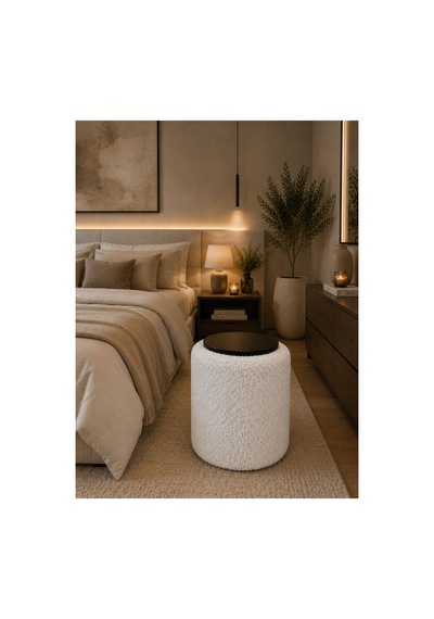 Premium Ahşap Üstlü Yuvarlak Bukle Puf Modern Beyaz - 878843025 Beyaz