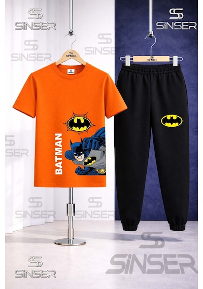 Ss Sinser Çocuk Batman Yan Yumruk Yazı Byk Baskılı Tişort Eşofman Takımı Turuncu - Siyah